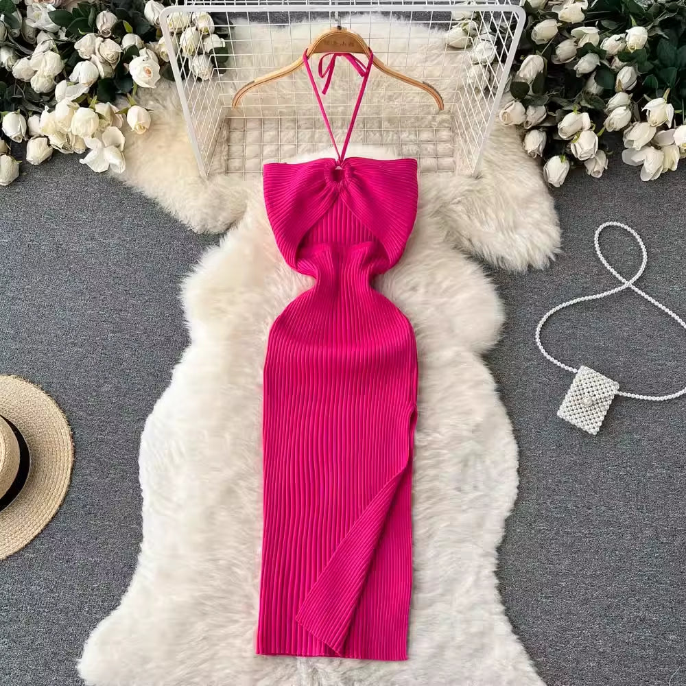 Chic Fashion Sexy Package Hips Split Knitted Summer Dress 2025 Women Slim Elastic Bodycon Party Dress Streetwear Outfit