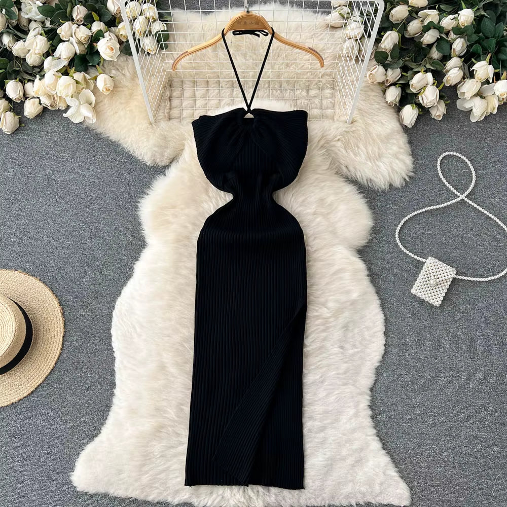 Chic Fashion Sexy Package Hips Split Knitted Summer Dress 2025 Women Slim Elastic Bodycon Party Dress Streetwear Outfit