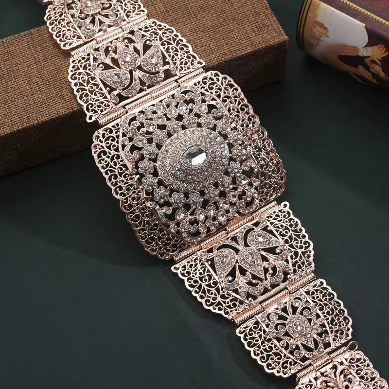 Gold Plated Waist Chain for Women, Arab Fashion Belt, Moroccan Bridal Jewelry, Luxury Bride Chain, Rhinestone Robe Belt,