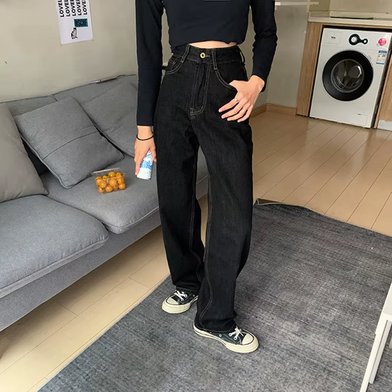 Vintage High Waist Women Black Jeans Korean Fashion Streetwear Wide Leg Jean Female Denim Trouser Straight Baggy Mom Denim Pants