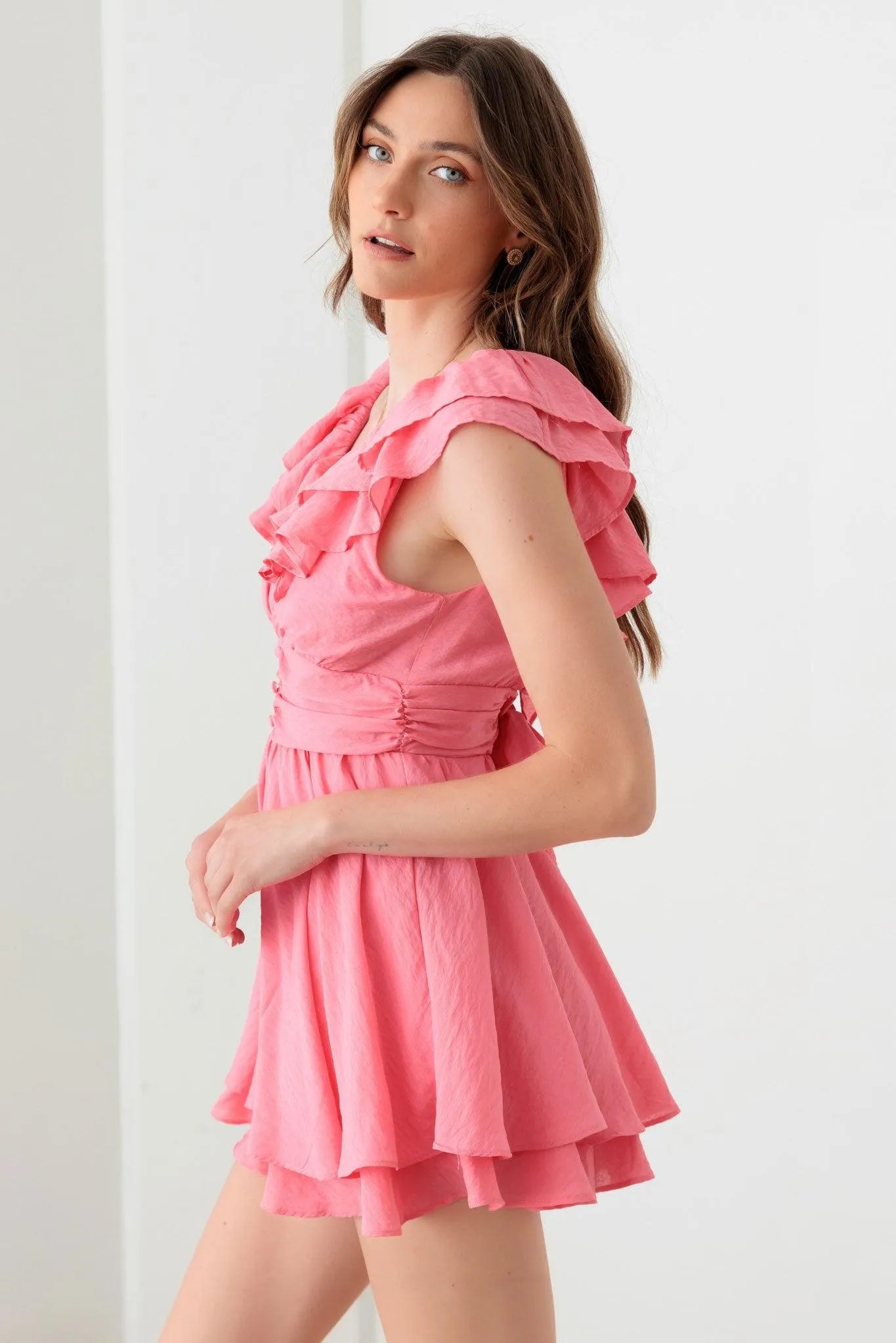 Doll Pink Ruffle Detail Front Button Romper Mini Dress