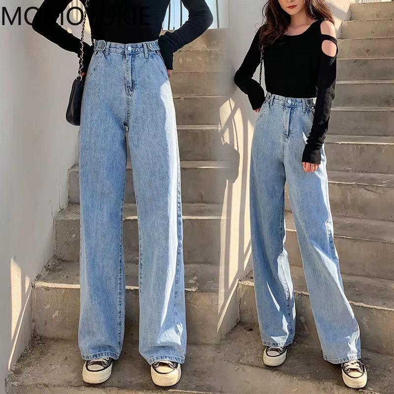 Streetwear High Waist Women'S Fashion Jeans Woman Girls Women Wide Leg Pants Trousers Female Trousers Denim Bagge Mom Jeans