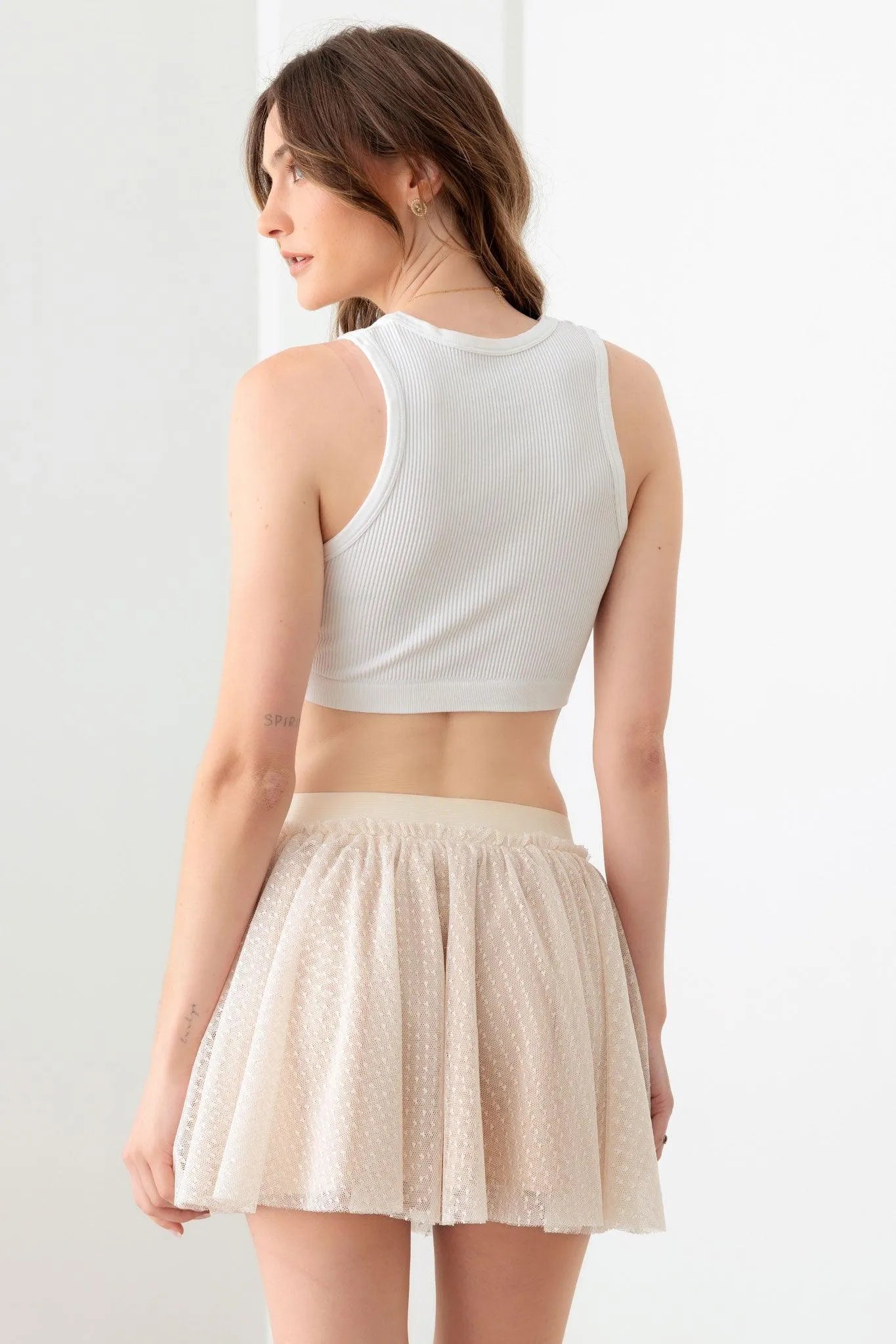 Sheer Pin Dot Elastic Waist Skirt