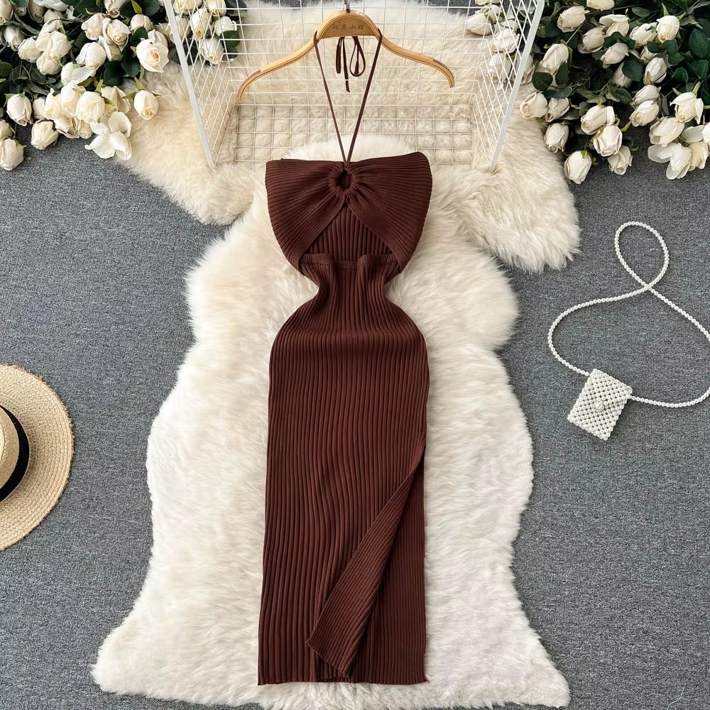 Chic Fashion Sexy Package Hips Split Knitted Summer Dress 2025 Women Slim Elastic Bodycon Party Dress Streetwear Outfit