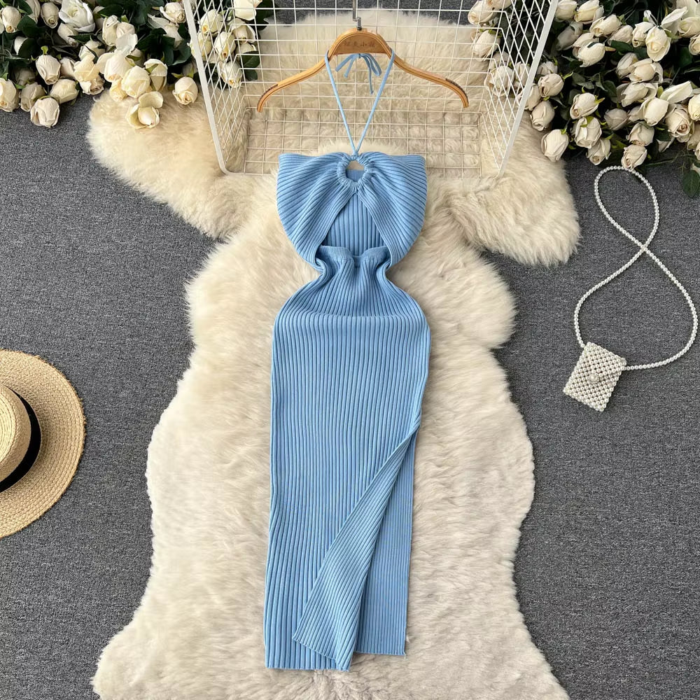 Chic Fashion Sexy Package Hips Split Knitted Summer Dress 2025 Women Slim Elastic Bodycon Party Dress Streetwear Outfit