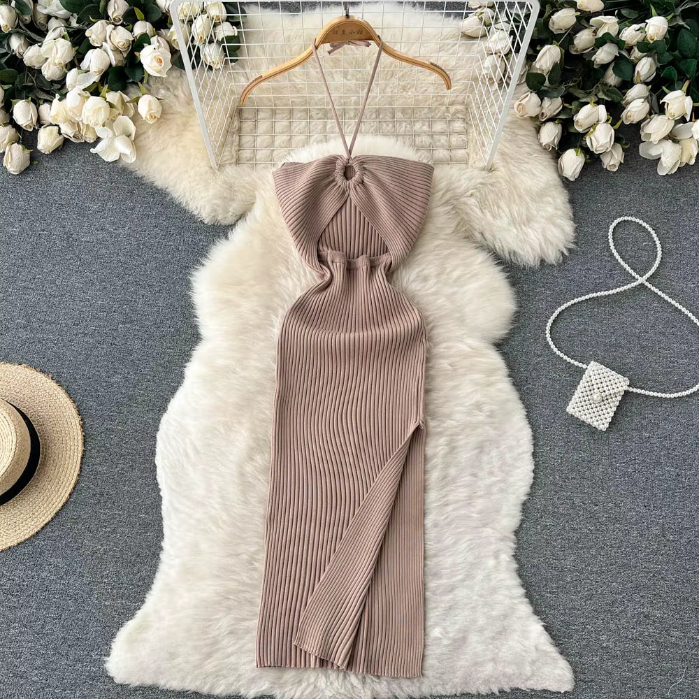 Chic Fashion Sexy Package Hips Split Knitted Summer Dress 2025 Women Slim Elastic Bodycon Party Dress Streetwear Outfit