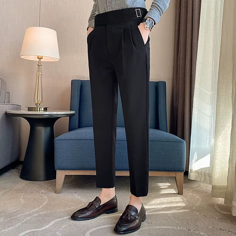 British Style Men High Waist Casual Dress Pant Men Belt Design Slim Trousers Formal Office Social Wedding Party Dress Suit Pants