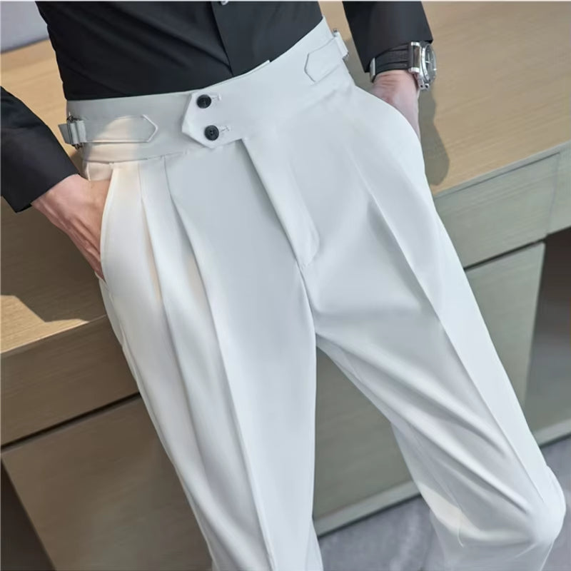 British Style Men High Waist Casual Dress Pant Men Belt Design Slim Trousers Formal Office Social Wedding Party Dress Suit Pants