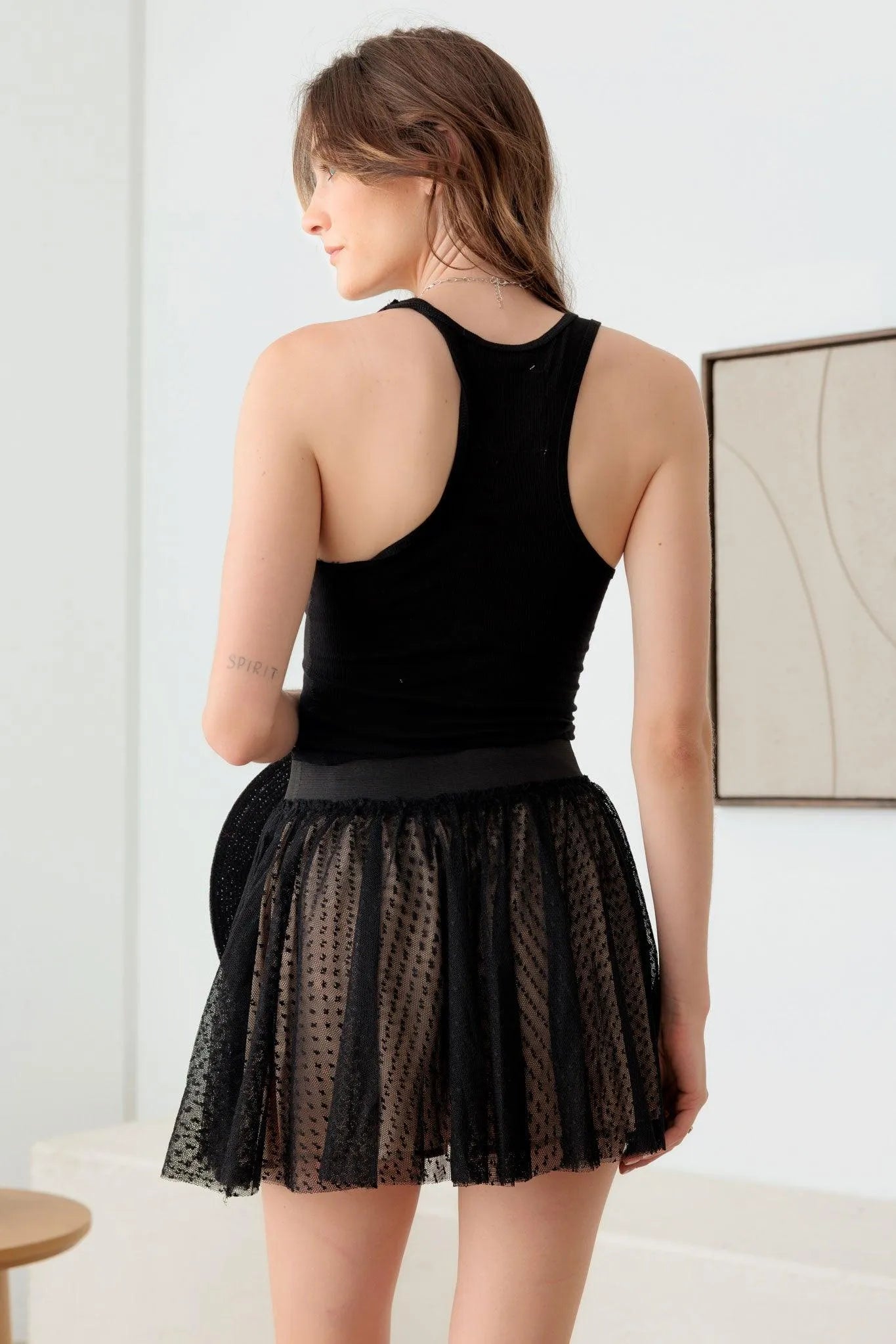 Sheer Pin Dot Elastic Waist Skirt