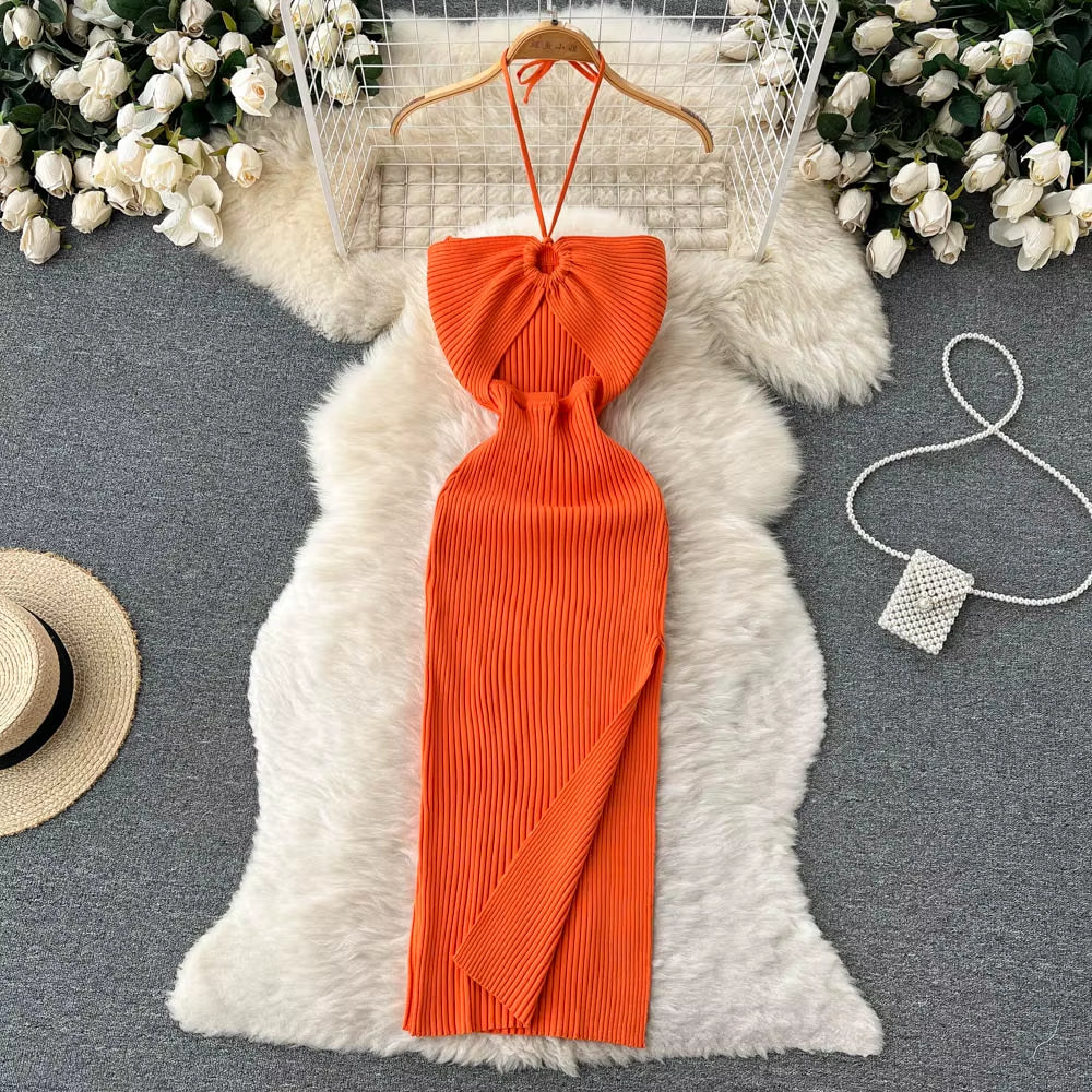 Chic Fashion Sexy Package Hips Split Knitted Summer Dress 2025 Women Slim Elastic Bodycon Party Dress Streetwear Outfit