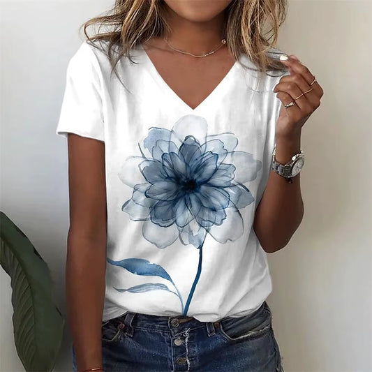 2024 New Women T-Shirt Simple Flower Print plus Size Tee Summer Women'S Clothing Oversized Designer Short Sleeve Women V-Neck