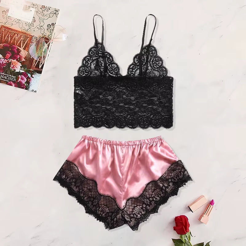 2025 Summer 2 Pcs Women'S New Sexy Lace See-Through Pajamas Black Pink Cute Clothes Comfortable Breathable Suspender Shorts Set