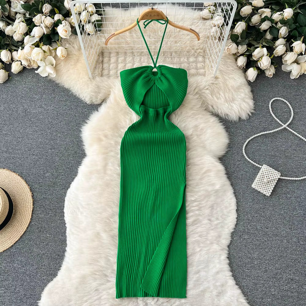 Chic Fashion Sexy Package Hips Split Knitted Summer Dress 2025 Women Slim Elastic Bodycon Party Dress Streetwear Outfit