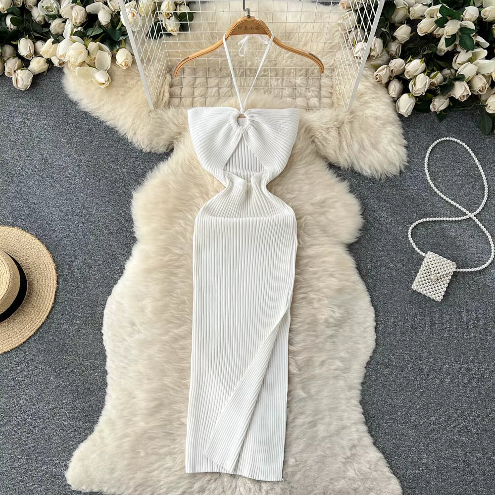 Chic Fashion Sexy Package Hips Split Knitted Summer Dress 2025 Women Slim Elastic Bodycon Party Dress Streetwear Outfit