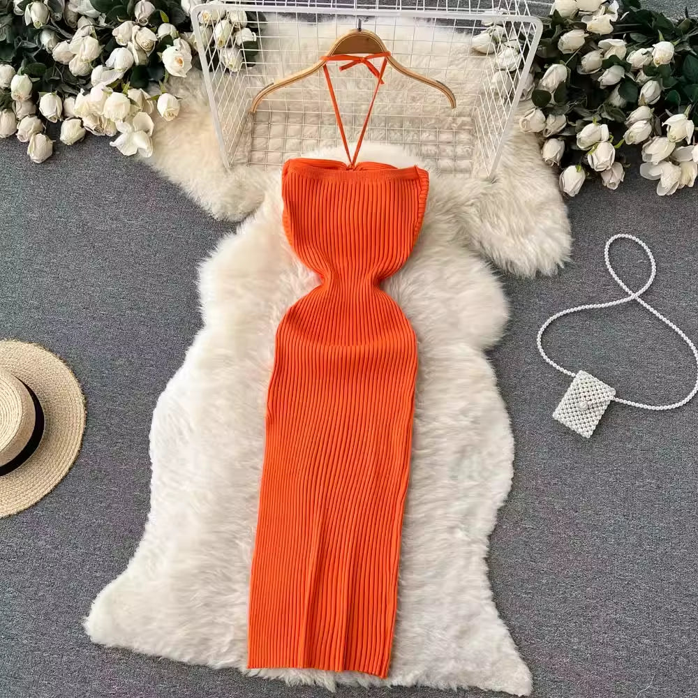 Chic Fashion Sexy Package Hips Split Knitted Summer Dress 2025 Women Slim Elastic Bodycon Party Dress Streetwear Outfit