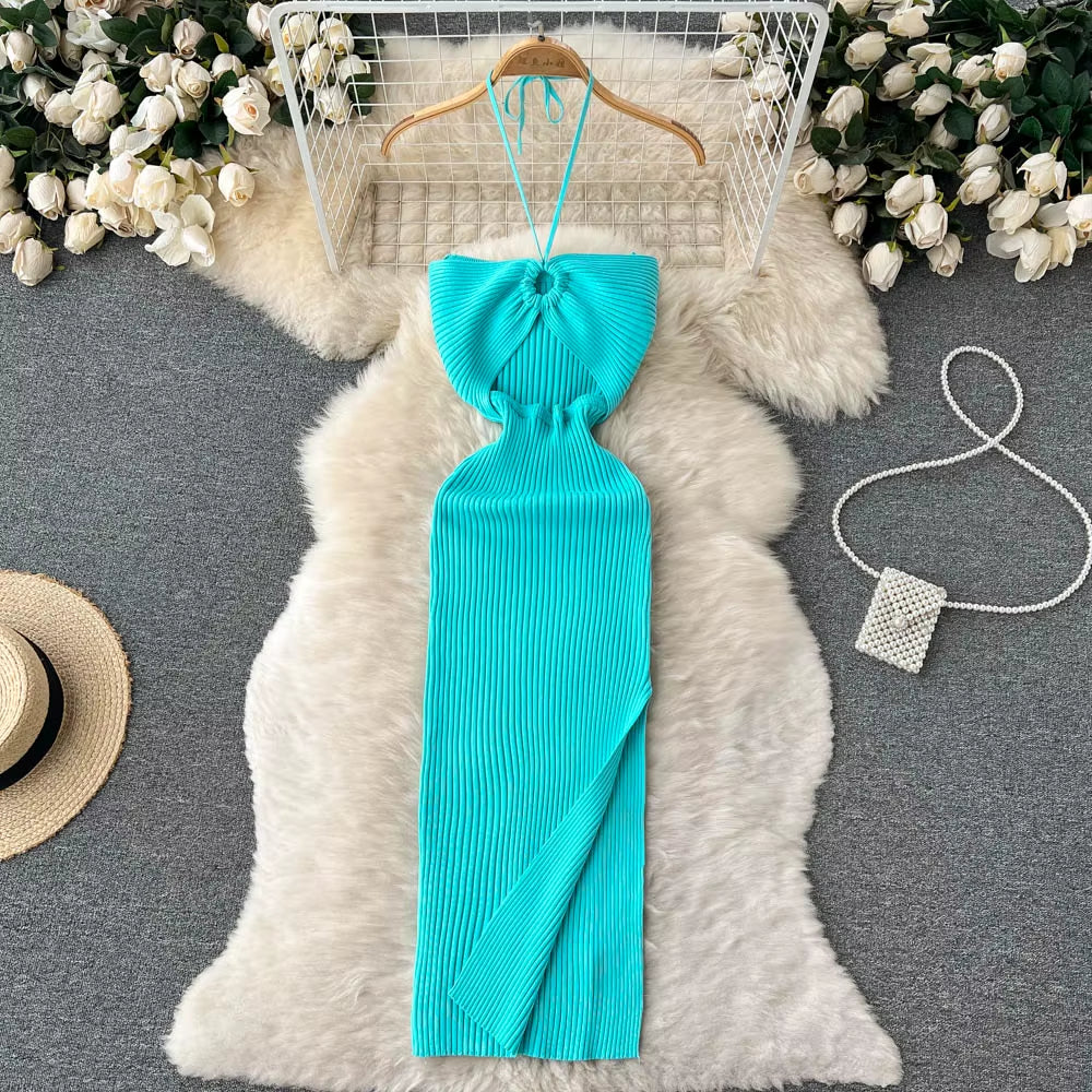 Chic Fashion Sexy Package Hips Split Knitted Summer Dress 2025 Women Slim Elastic Bodycon Party Dress Streetwear Outfit